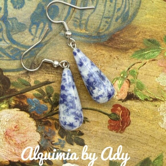 Sodalite big dangle earrings in silver boho style - Picture 1 of 1